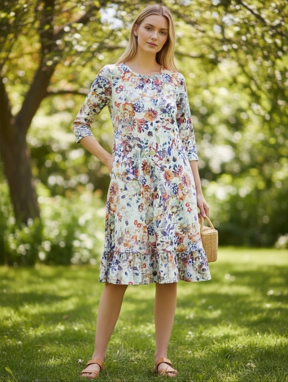 Peruvian Connection Pima Cotton Botanical Floral Shift Dress Size Medium
